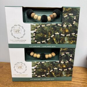 Rachel Ashwell Farmhouse 2Qty Wood/Green Velvet Beaded Christmas Tree Garland 6'